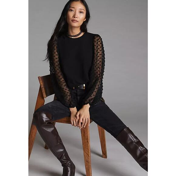 Anthropologie Maeve Textured-Sleeve Top Black Size XS Petite - Picture 1 of 10